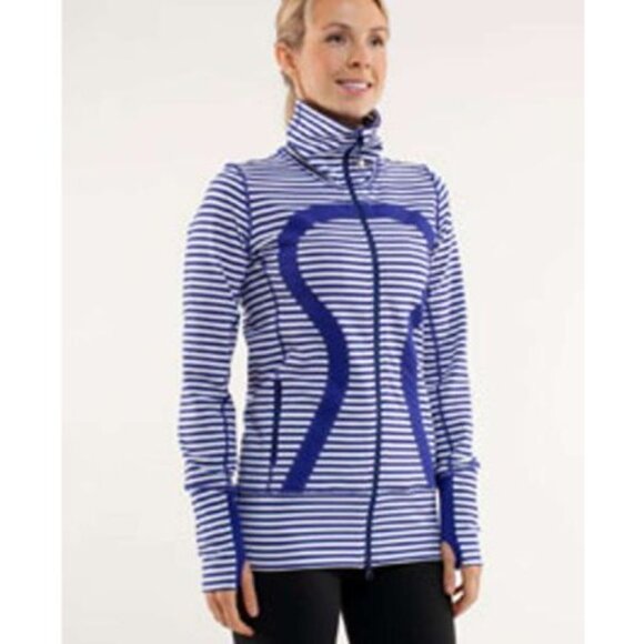 Lululemon IN STRIDE Jacket Blue & White Striped Full-Zip w/ Thumbholes Sz 8 - Picture 3 of 12